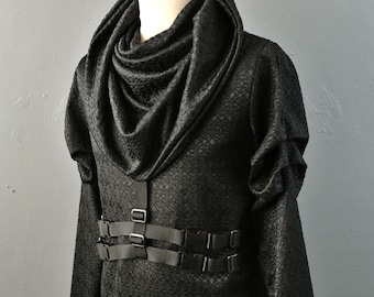 Cyberpunk Hooded Cowl Neck Top, Futuristic Hoodie with Buckles Straps S to XL