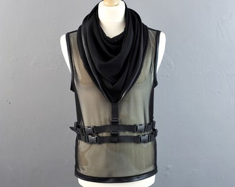 Cyber Cowl Mesh Tank, Mens Futuristic Hooded Net Top