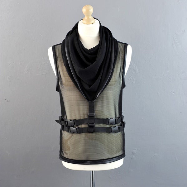 Cyber Cowl Mesh Tank, Mens Futuristic Hooded Net Top