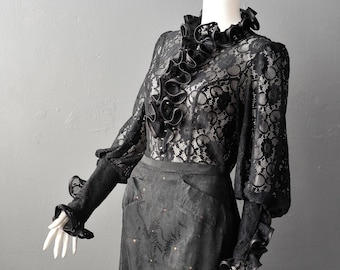 Gothic Ruffle Neck Lace Blouse, Elegant Victorian Poet Shirt