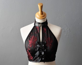 Satin Spitze Neckholder rückenfrei Crop Top Goth klein bis plus Größe