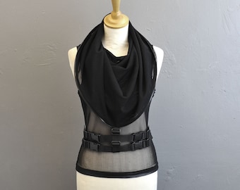 Cyber Futuristic Mesh Tank, Hooded Cowl Net Top