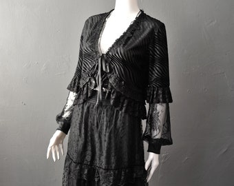 Gothic Devore Velvet Bolero, Ruffle Lace Bishop Sleeve Shrug, Size Small