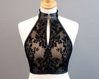 Black Velvet Mesh Halter Crop Top, Gothic Sheer Vest S M L XL