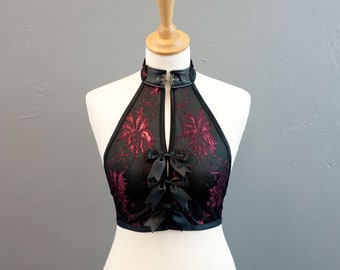 Satin Lace Halterneck Backless Crop Top Goth Small to Plus Size