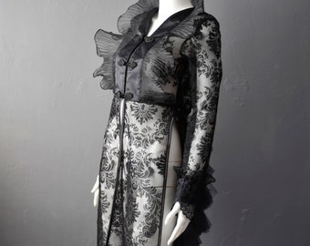 Sheer Gothic Jacket with Ruffled Standing Collar, Goth Queen Wedding Tailcoat