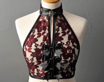 Sheer Lace Halter Top, Cropped Goth Vest, Small to Plus Size