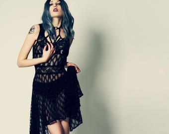 Black Sheer Lace Dress with Asymmetric Drape , Gothic Romantic Witchy Clothing