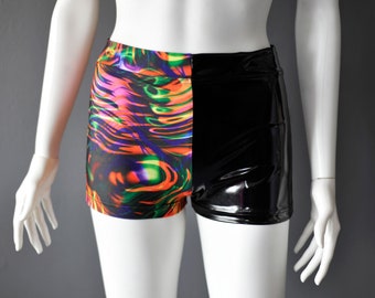 Psychedelic PVC Shorts, Trippy Soundwave Hotpants, Festival Clubwear