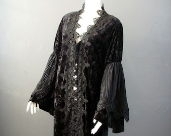 Gothic Velvet Duster Coat, Long Witchy Robe with Bell Sleeves, Small to Plus Size