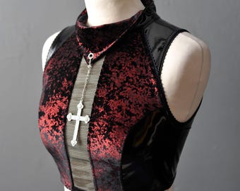 Metallic Velvet PVC Crop Top, Futuristic Goth Sleeveless Vest