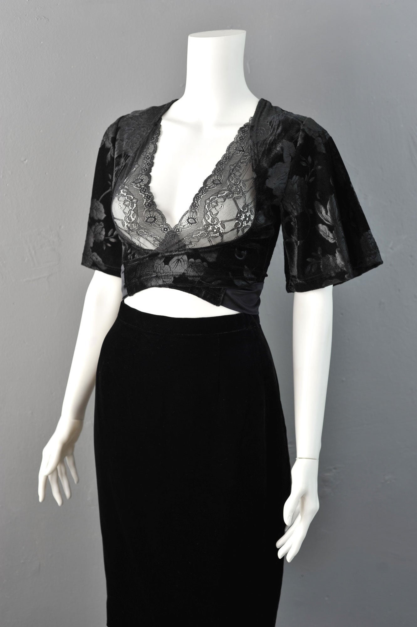 Velvet Wrap Crop Top with Lace, Gothic Romantic Bolero