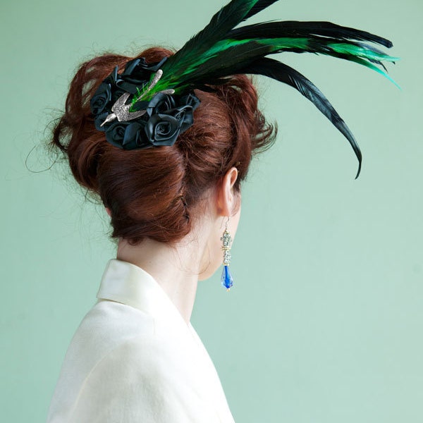 Black Green Bird of Paradise bibi chapeau mariage courses gothique