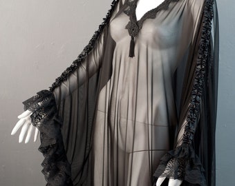 Gothic Mesh Kaftan, Sheer See Through Peignoir, Vampire Loungewear, Small to Plus Size