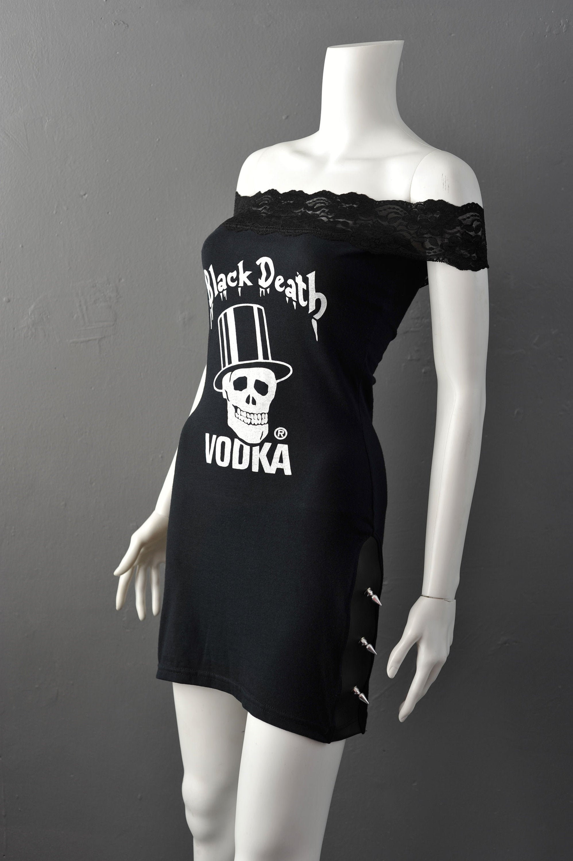 Gothic Rock Skull Mini Dress With Spikes Upcycled Punk Death
