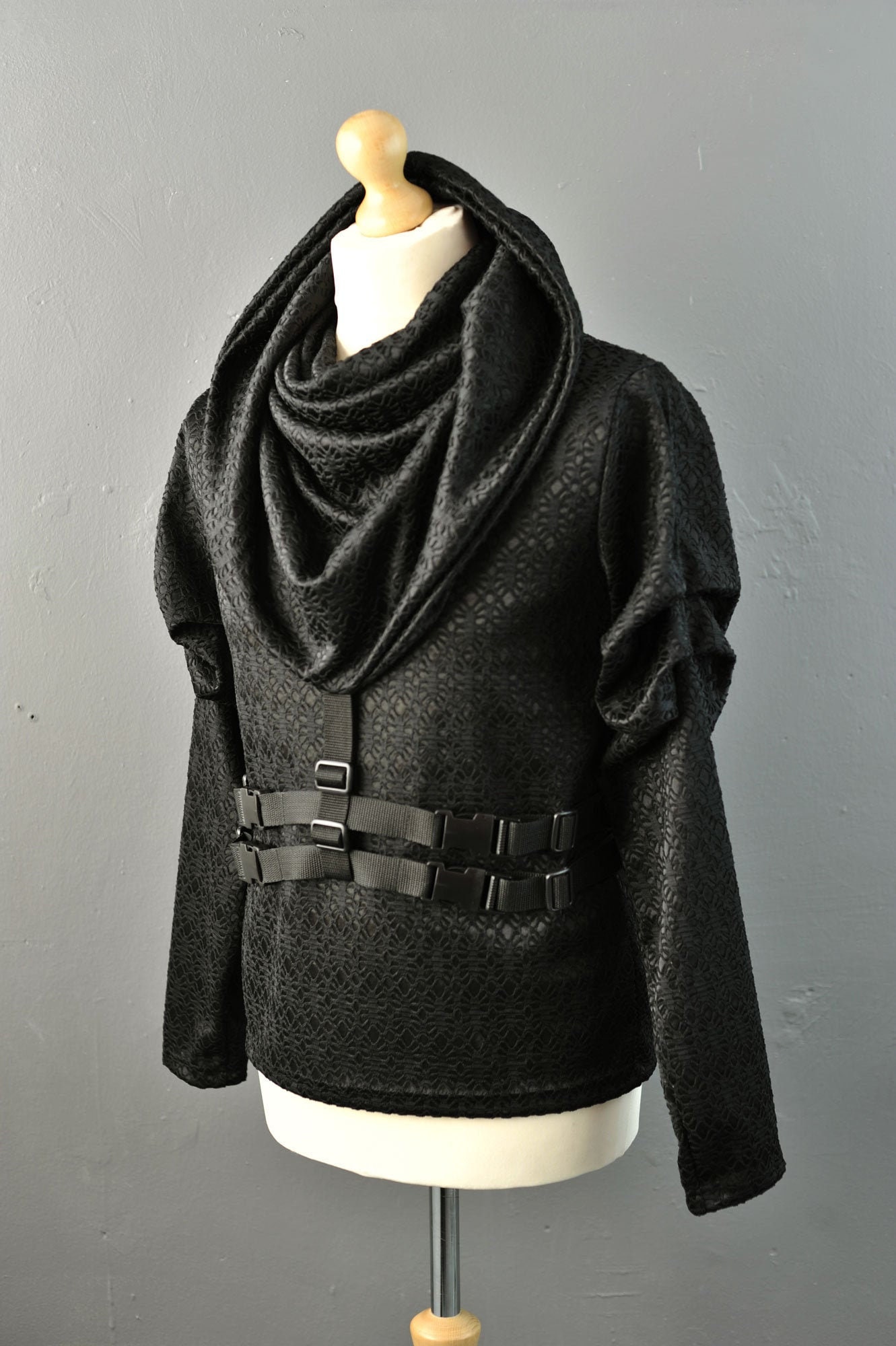 Image of Cyberpunk Hooded Cowl Neck Top, Futuristic Hoodie With Buckles Straps S To Xl