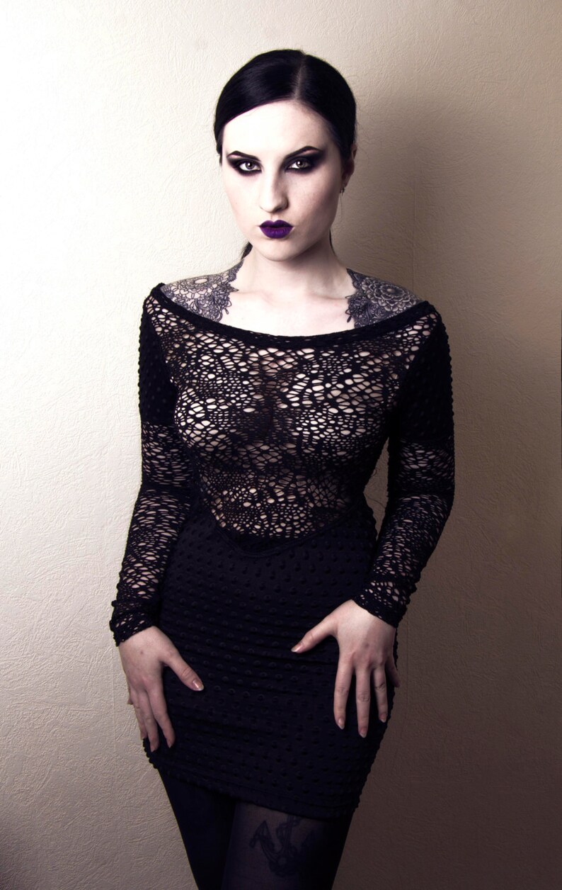 Cyber Goth Fishnet Mini Dress Small to plus sizes futuristic industrial punk