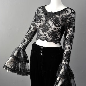 Sheer Lace Crop Top with Bell Sleeves, Nu Goth Dark Romantic