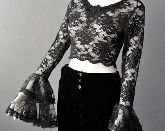 Sheer Lace Crop Top with Bell Sleeves, Nu Goth Dark Romantic