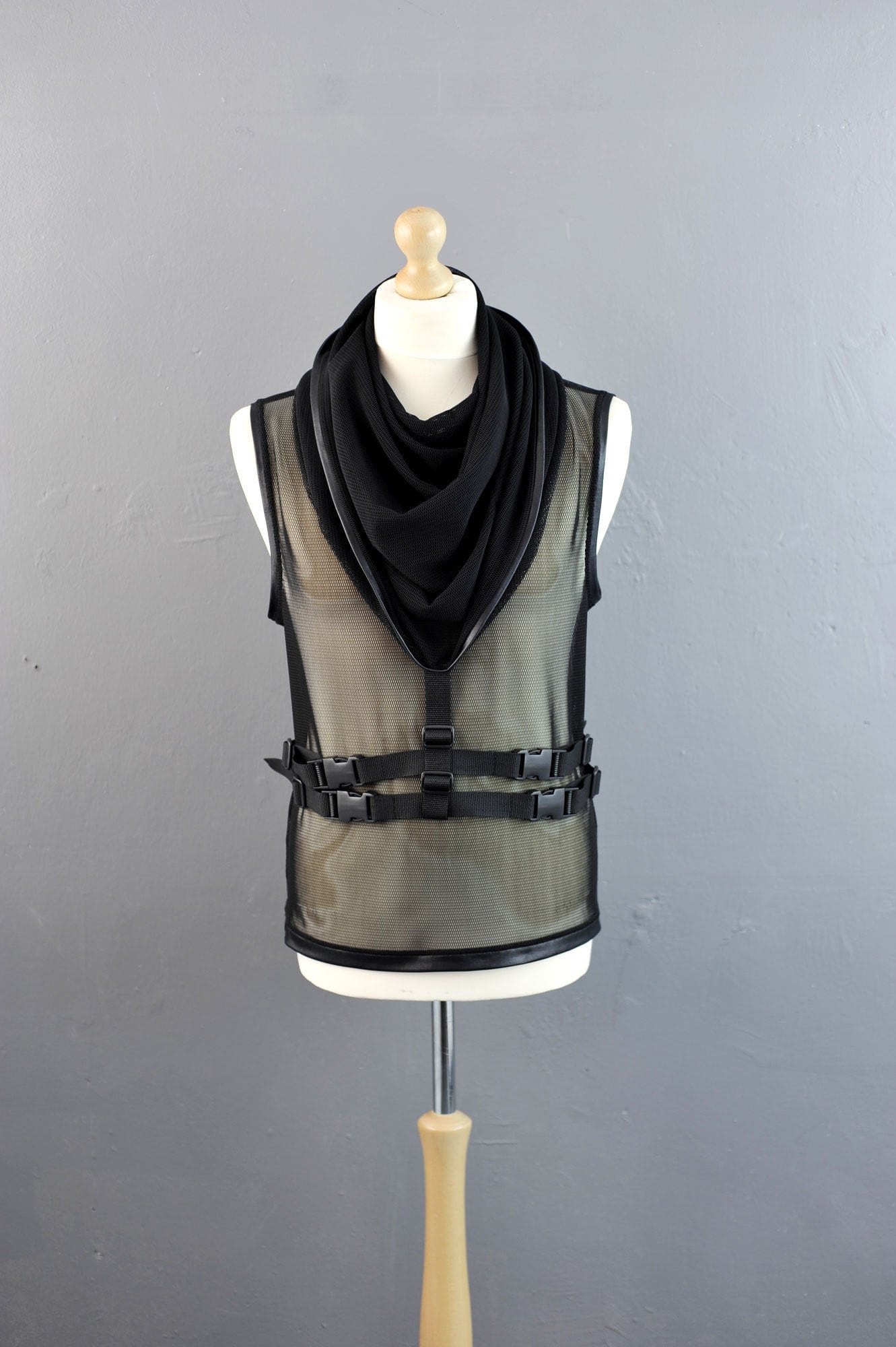 Image of Cyber Cowl Mesh Tank, Mens Futuristic Hooded Net Top