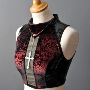 Metallic Velvet PVC Crop Top, Futuristic Goth Sleeveless Vest