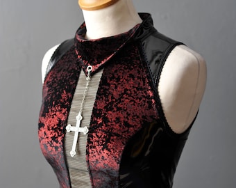 Metallic Velvet PVC Crop Top, Futuristic Goth Sleeveless Vest