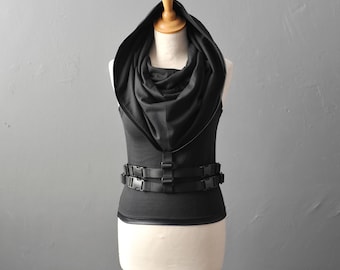 Cyber Futuristic Tank Vest, Hooded Cowl Cotton Top