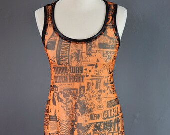 Sheer Mesh Tank Top with Newspaper Headlines Kanji Print