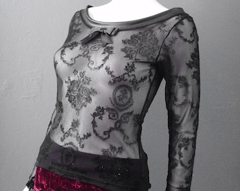 Sheer Mesh Boatneck Top, Nu Goth See Through Long Sleeve, Small to Plus Size