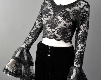 Sheer Lace Crop Top with Bell Sleeves, Nu Goth Dark Romantic