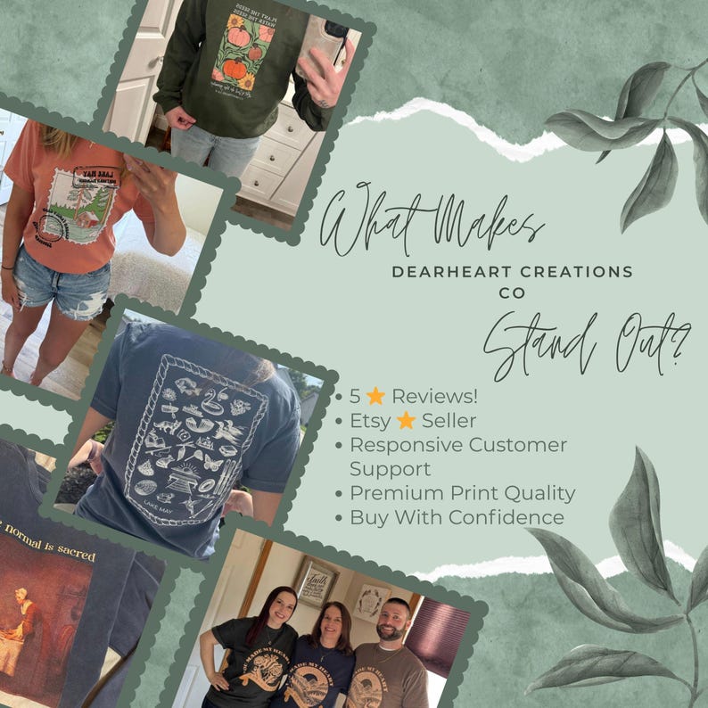 Puede incluir: Un collage de camisetas y sudaderas con varios estampados gr&aacute;ficos, incluyendo calabazas, una escena costera y una pintura hist&oacute;rica. El texto dice What Makes DEARHEART CREATIONS CO Stand Out? 5 Reviews! Etsy Seller, Responsive Customer Support, Premium Print Quality, Buy With Confidence.