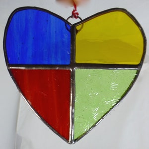 Rainbow Handmade Stained Glass Heart Light Catcher / Sun Catcher - Red, Blue, Yellow & Green Studio Glass - Ready to Hang - Valentine Gift