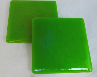Green Iridescent Hand Crafted Glass Coasters lustre Spring Green Glass White Base - Set of 2 Coasters - Handmade Glass Gift Drinks Barware