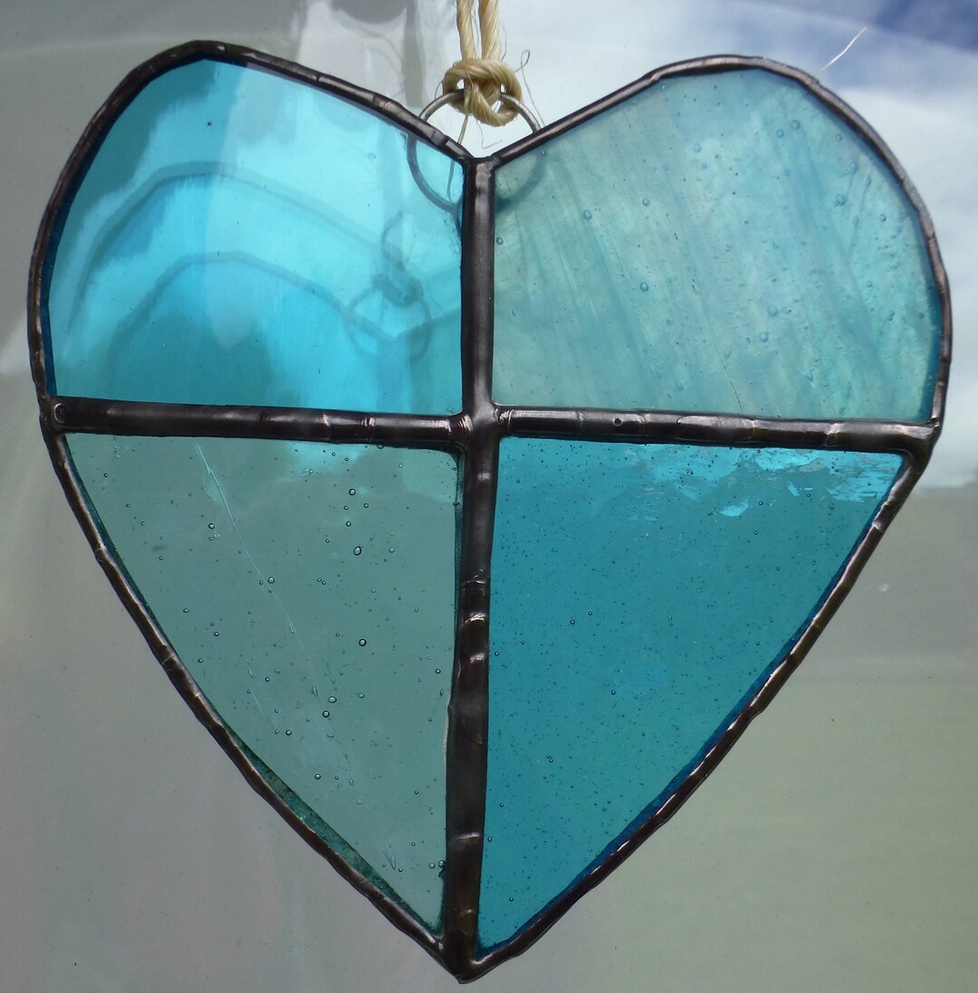 Turquoise Blue Hand Made Stained Glass Love Heart Shaped Light Etsy