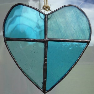 Turquoise Blue hand made Stained Glass Love Heart shaped Light catcher / Sun Catcher - Hand Made Valentine Glass Gift - Ready to Hang glass
