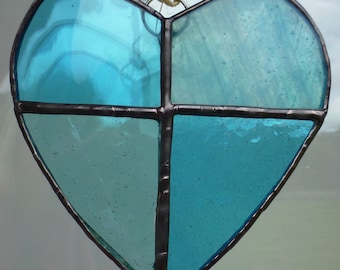 Turquoise Blue hand made Stained Glass Love Heart shaped Light catcher / Sun Catcher - Hand Made Valentine Glass Gift - Ready to Hang glass