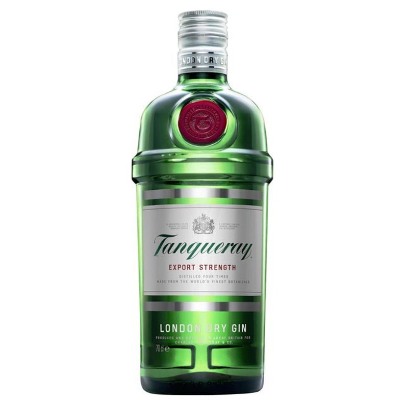 May include: A green glass bottle of Tanqueray London Dry Gin with a silver label and a red wax seal. The label reads "Tanqueray Export Strength Distilled Four Times Made from the World's Finest Botanicals London Dry Gin 70cl e".