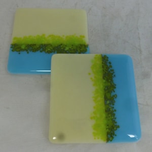 Cream and Baby Blue with Spring Green Accents handmade Studio Glass Coasters - Set of Two - Hand Crafted Glass Gift – Drinks Barware  gift