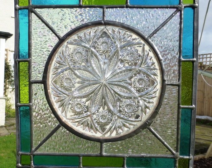 Stained Glass Panel Featuring a Circular Vintage Cut Glass Crystal