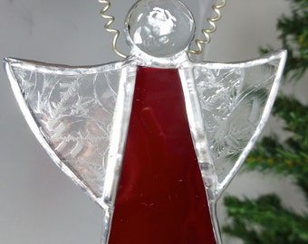 Stained Glass Angel Handmade Hanging Angel Decoration - Red Dress, Halo & Wings - Hand Crafted Christmas / Religious Angel - Unique Glass