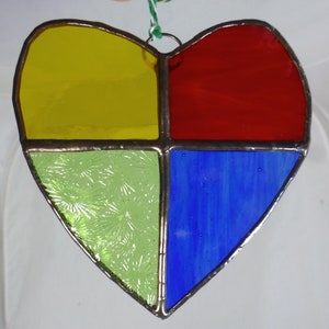 Rainbow Handmade Stained Glass Heart Light Catcher / Sun Catcher - Red, Blue, Yellow & Green Studio Glass - Ready to Hang - Valentine Gift