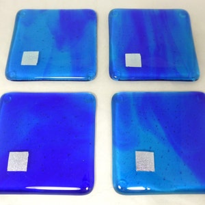 Cobalt Blue and Silver Handmade Glass Coasters - Silver accents - Set of 4 - Hand Crafted Glass Gift – Drinks Coasters Barware