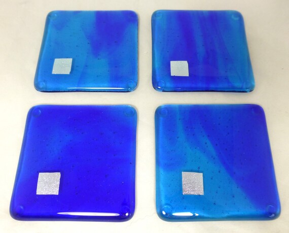 Cobalt Blue and Silver Handmade Glass Coasters - Silver accents - Set of 4 - Hand Crafted Glass Gift – Drinks Coasters Barware