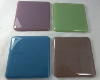 Dusky Colours Handmade Set of 4 Fused Glass Coasters -Colour Combination of Blue, Lilac, Celadon Green & Mink Art Glass  - Drinks Barware