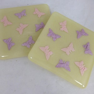 Glass Coasters with Beautiful Pink & Purple Butterflies - set of 2 - Hand Made – Glass Gift – Drinks Barware