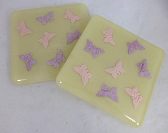 Glass Coasters with Beautiful Pink & Purple Butterflies - set of 2 - Hand Made – Glass Gift – Drinks Barware