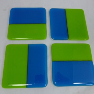 Handmade Designer Glass Coasters in Bright Turquoise and Spring Green - Set of 4 Glass Coasters - Hand Crafted Glass Gift Drinks Mat