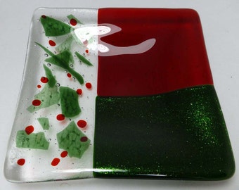 Weihnachten handgefertigte Glas Kerzenhalter / Schale und Kerze - festliche Thema Farben - funkelnd grün, Holly & rot - von Hand gemacht - Glas Geschenk