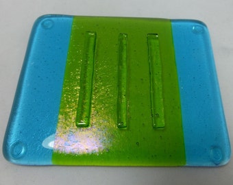 Fused Glass Soap Dish in Iridescent Spring Green and Turquoise