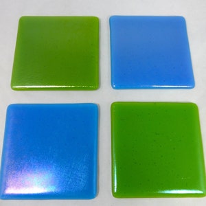 Spring Green and Blue Turquoise Iridescent Handmade Glass Coasters in Art Studio Glass - Set of 4 - Hand Crafted Drinks Barware Gift